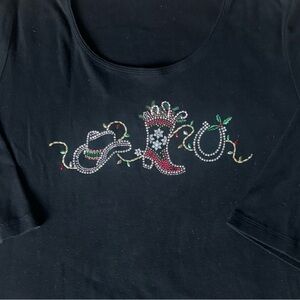 Y2K Western Cowboy Christmas Holiday Sparkly Rhinestone Top – Black – XL